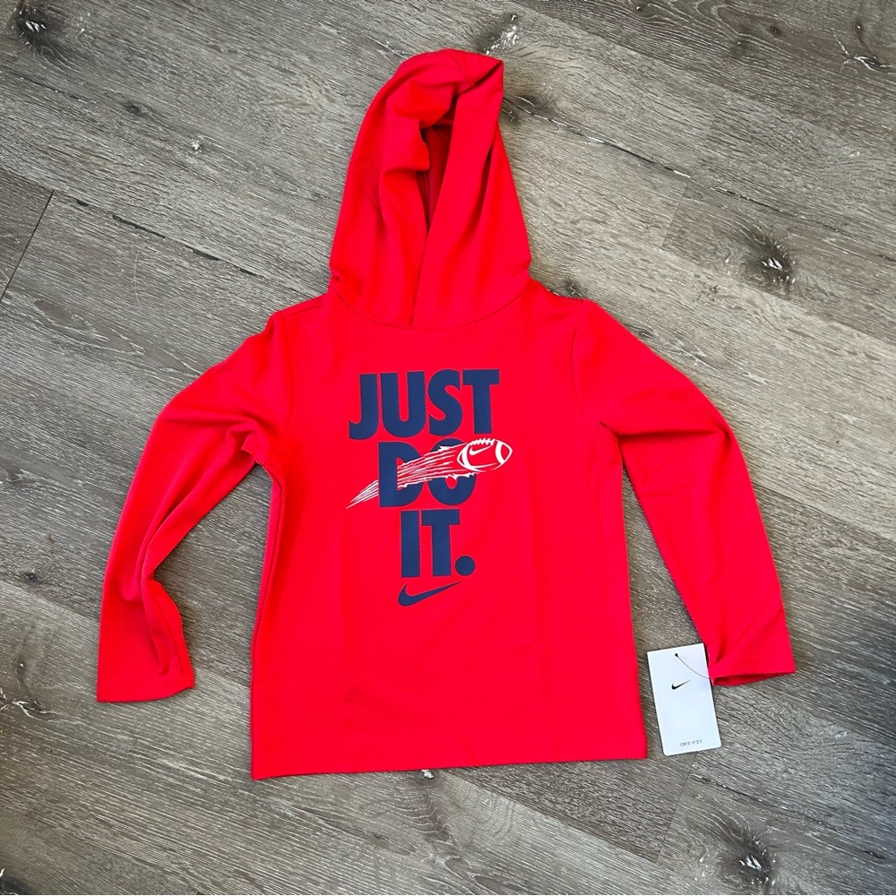 NWT Kids Boys 6‎ Red Nike Dri Fit Hooded Long Sleeve Shirt Swoosh Just Do It